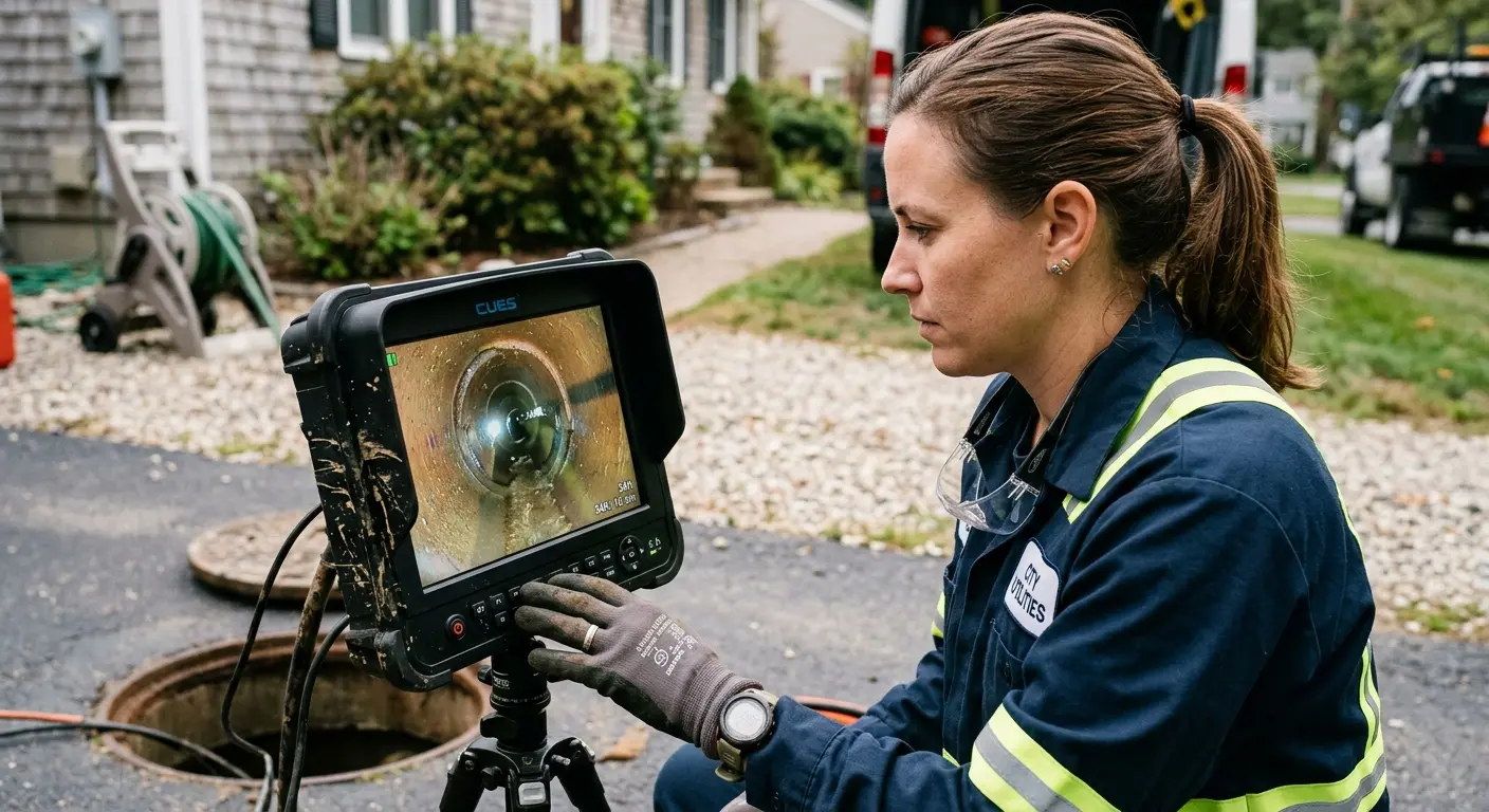 Technician reviewing sewer camera inspection footage in Yeadon